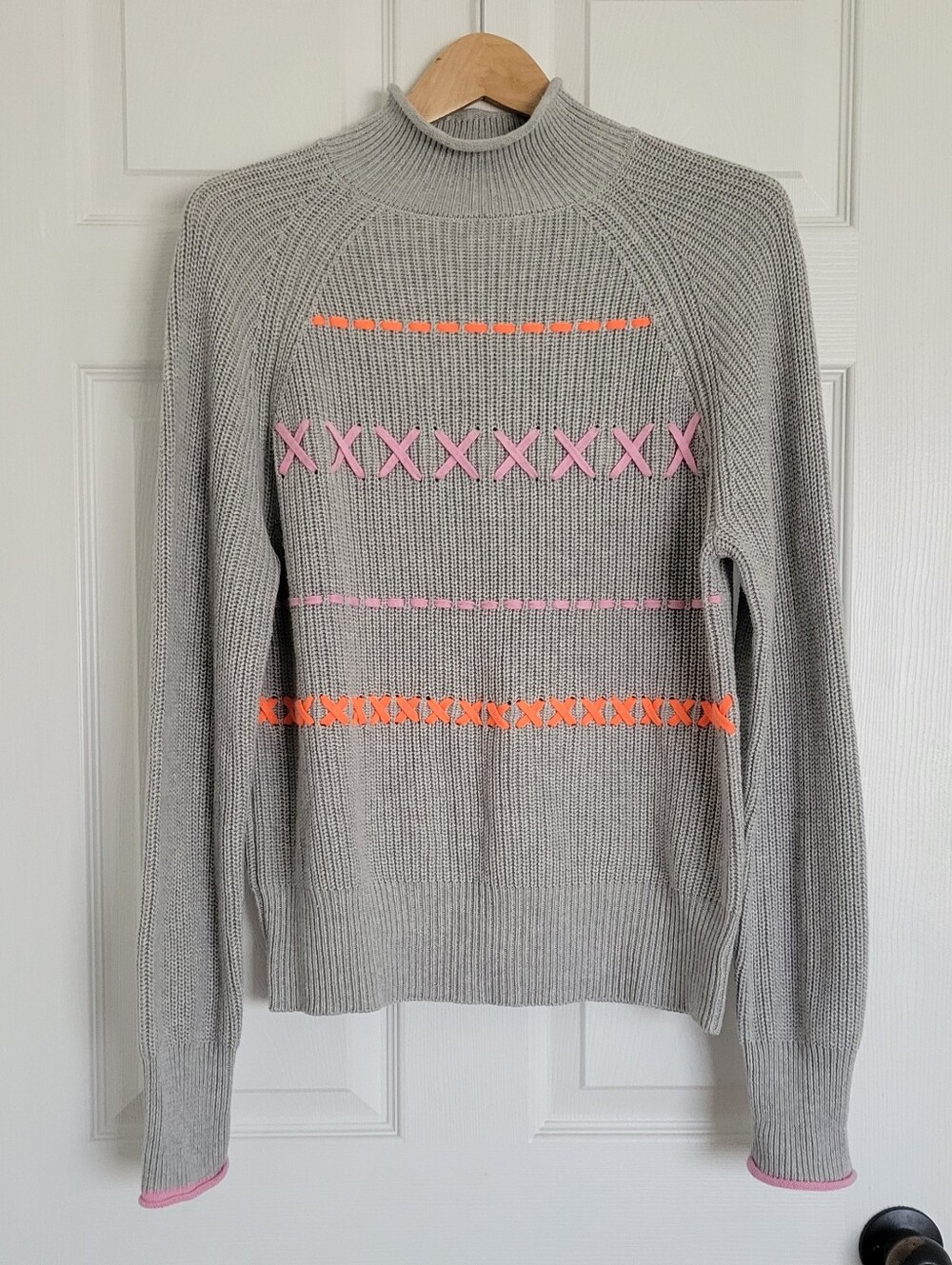 WISPR By Brodie Grey Silk Blend Mock Neck Sweater With Neon Cross-Stich Detail